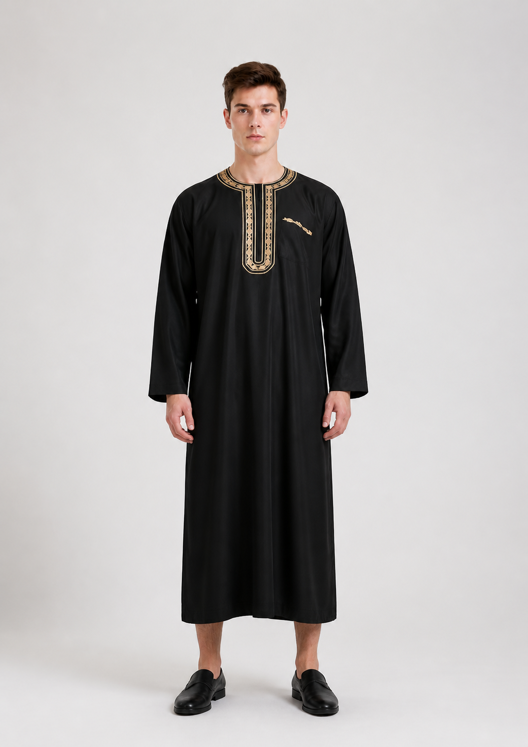 Long Black Abaya with Gold Collar Trim main product view 2