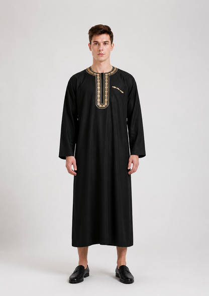 Long Black Abaya with Gold Collar Trim main product view 2
