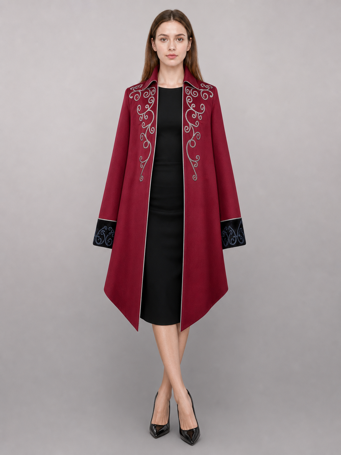 Burgundy tailcoat with embroidery and black panels
