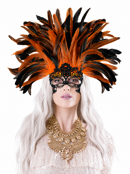 Carnival headdress with feathers and a mask