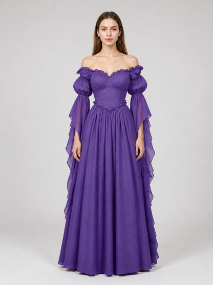 Purple off-the-shoulder dress in a historical style