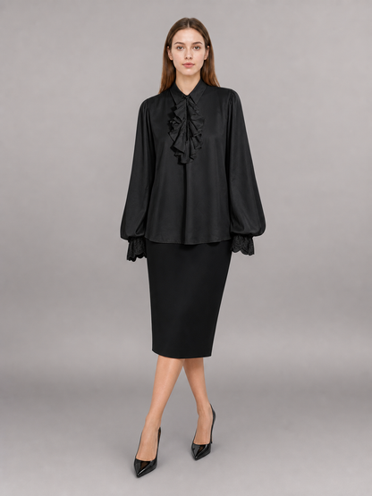 Black blouse with a high collar and ruffle