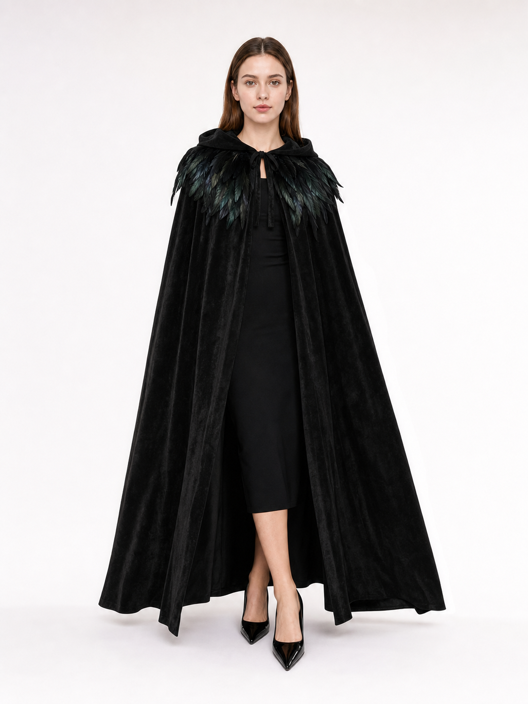 Black Velvet Hooded Cape with Feathers