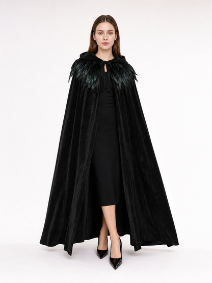 Black Velvet Hooded Cape with Feathers