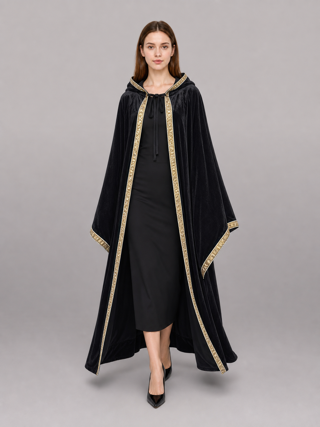 Black Carnival Cloak with Hood and Gold Trim