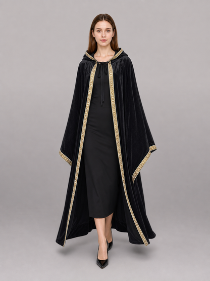 Black Carnival Cloak with Hood and Gold Trim