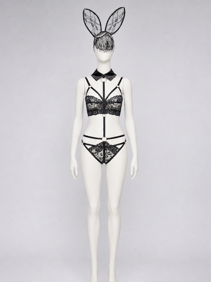 Lace Bunny Costume with Ears and Decorative Straps
