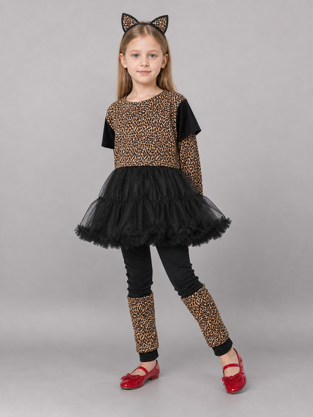 Leopard-Print Costume with Ears and Skirt
