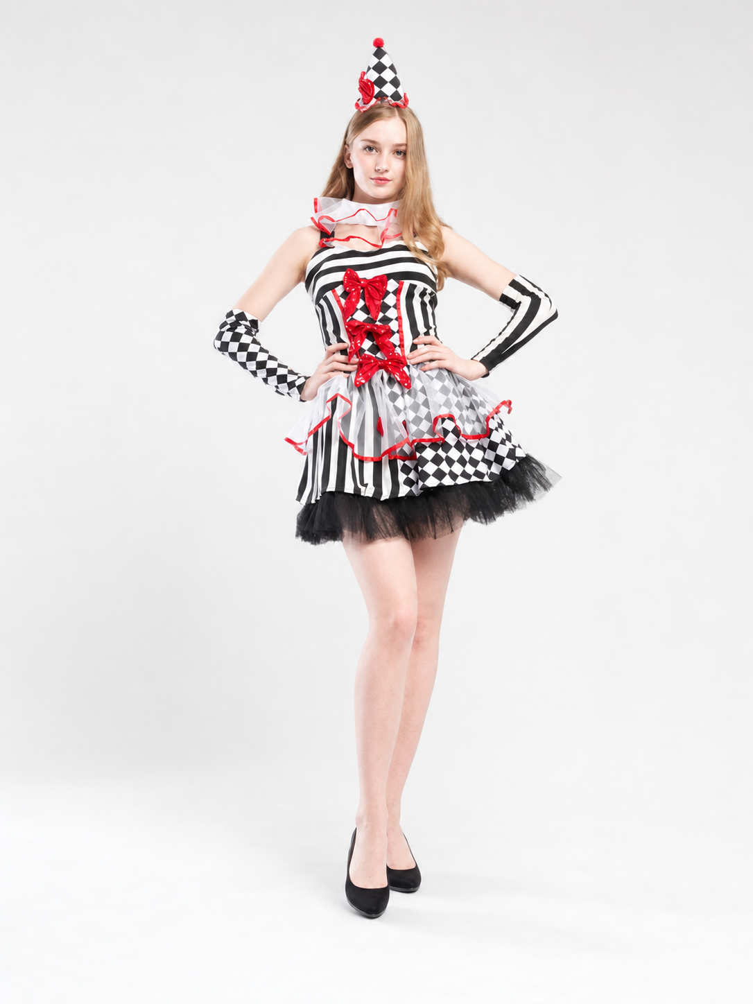Clown Carnival Costume: Dress, Gloves, and Cap