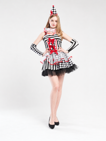 Clown Carnival Costume: Dress, Gloves, and Cap