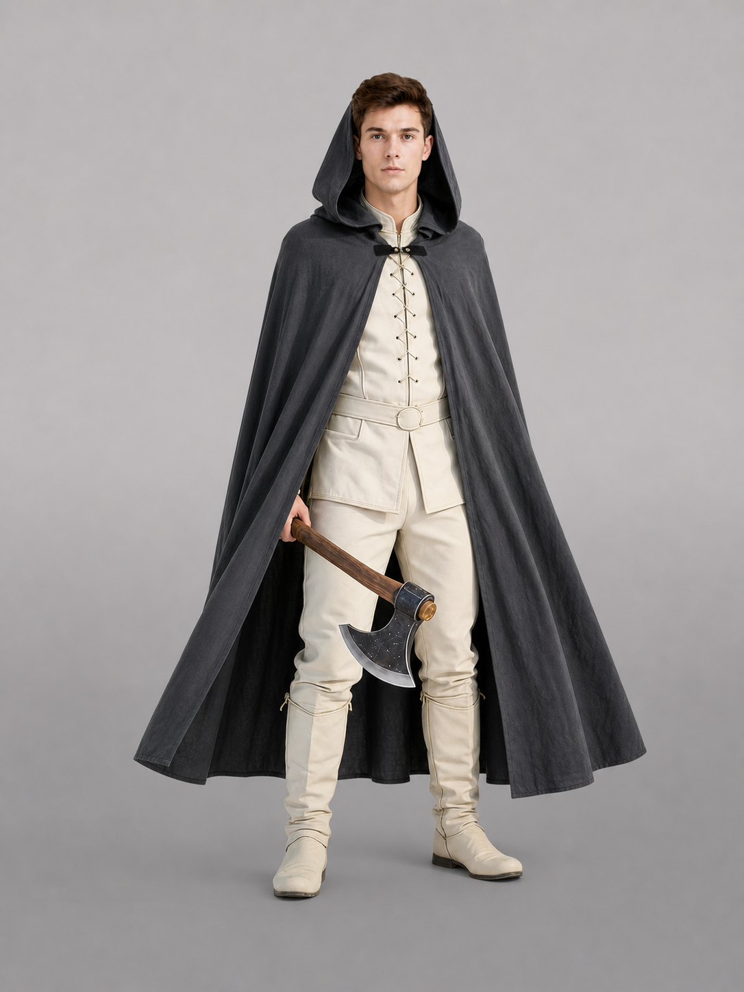 Adult Fantasy Hooded Cape, Long Dark Gray Cloak With Front Tie Closure, Wide