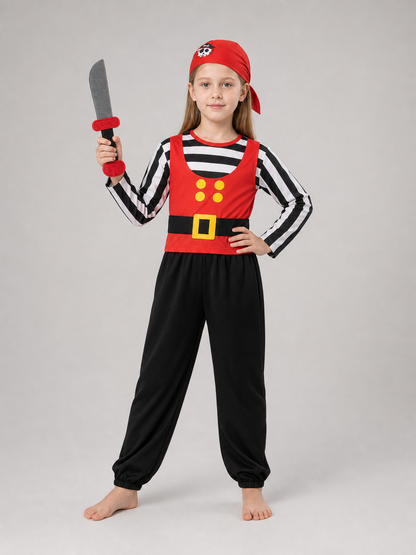 Girl wearing a red pirate costume with striped sleeves, black pants and skull-print bandana while holding a gray toy sword