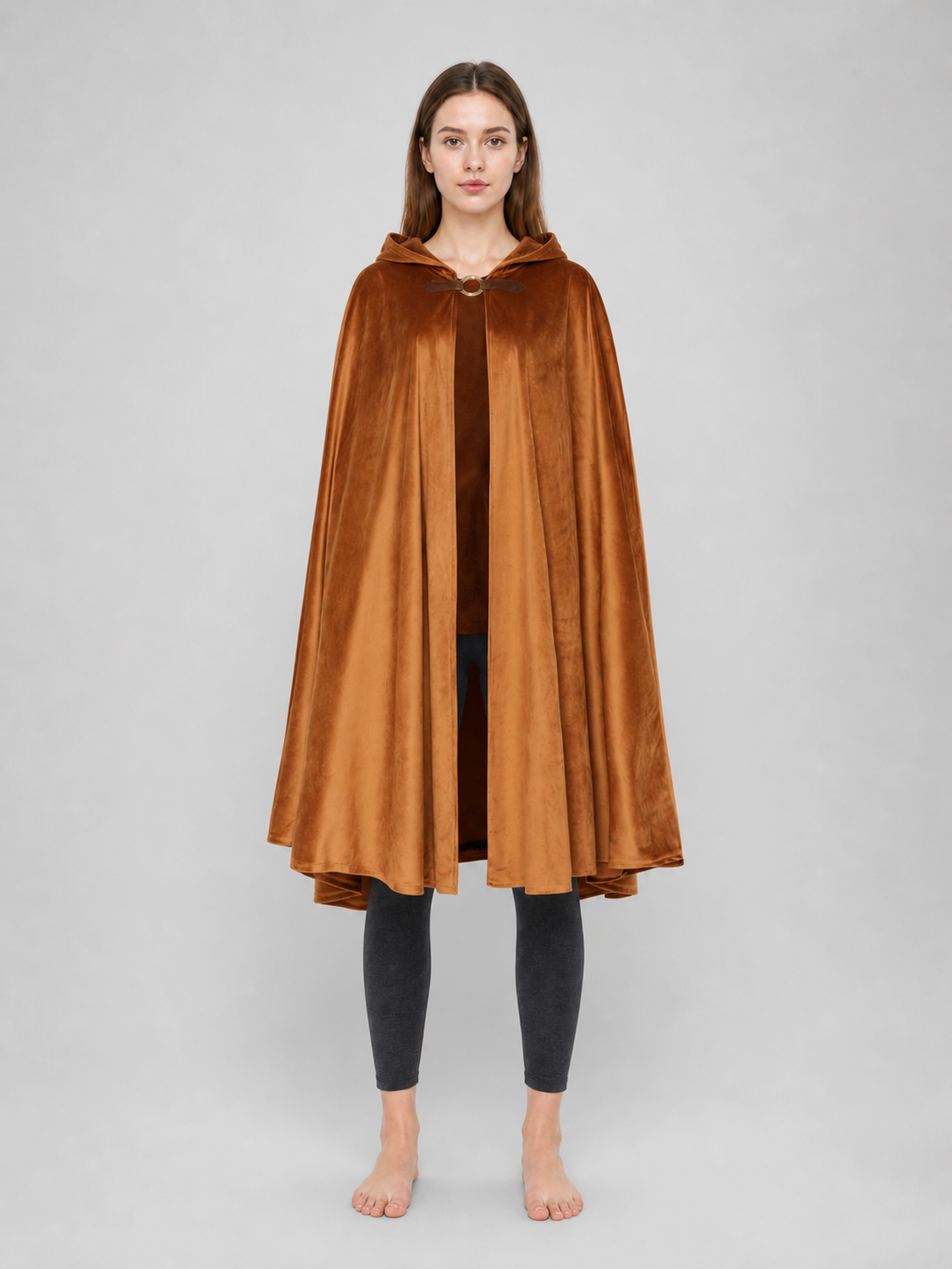 Halloween Medieval Warrior Hooded Cloak, Dark Brown Open Front Cape With Ring Clasp And Bow Strap For Cosplay Performance