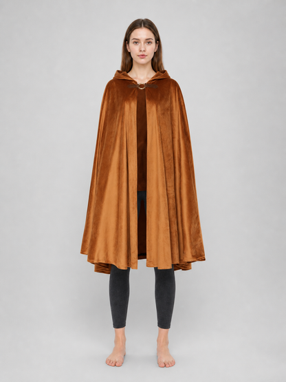 Halloween Medieval Warrior Hooded Cloak, Dark Brown Open Front Cape With Ring Clasp And Bow Strap For Cosplay Performance