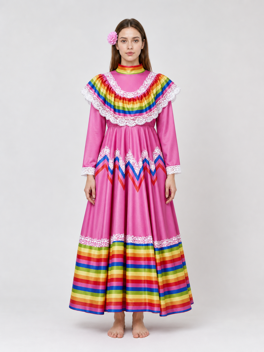 Folkloric Dress with a Full Skirt and Lace