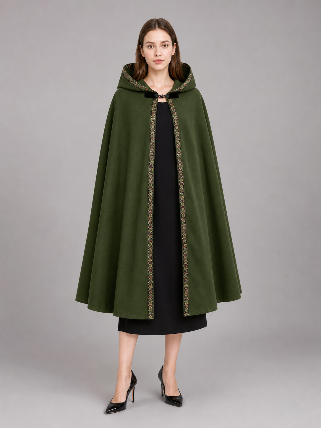 Green Carnival Cloak with Hood and Trim