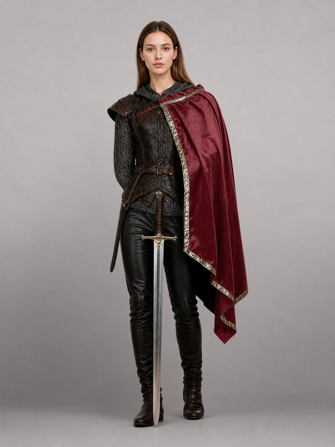 Burgundy velvet-look hooded costume cape product view 19