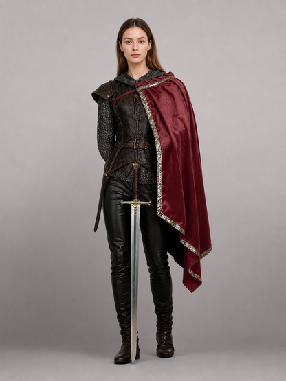 Burgundy velvet-look hooded costume cape product view 19