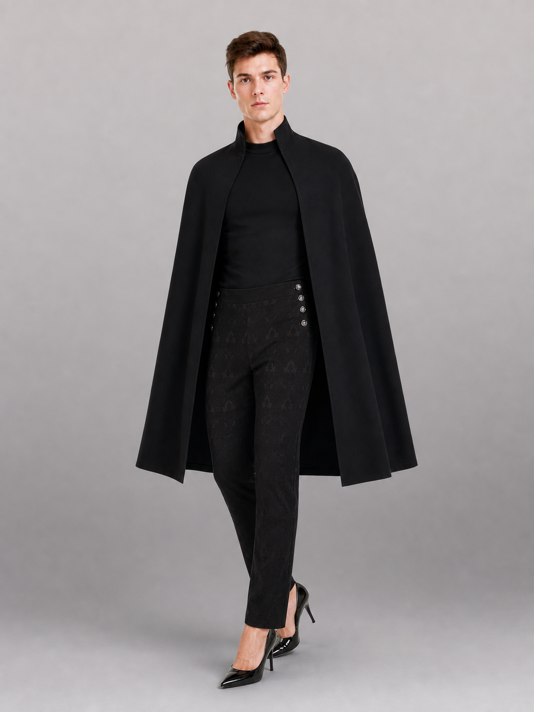 Black high-rise pants with tonal pattern