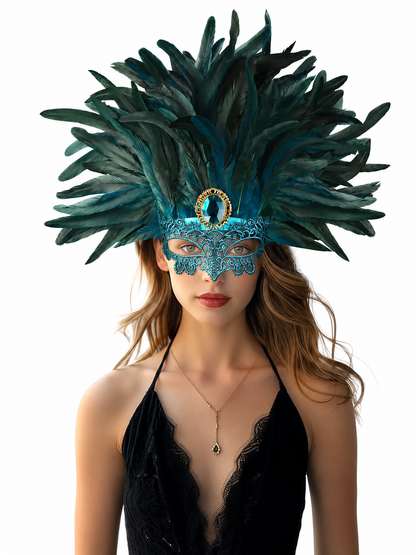Carnival headpiece with feathers and a mask