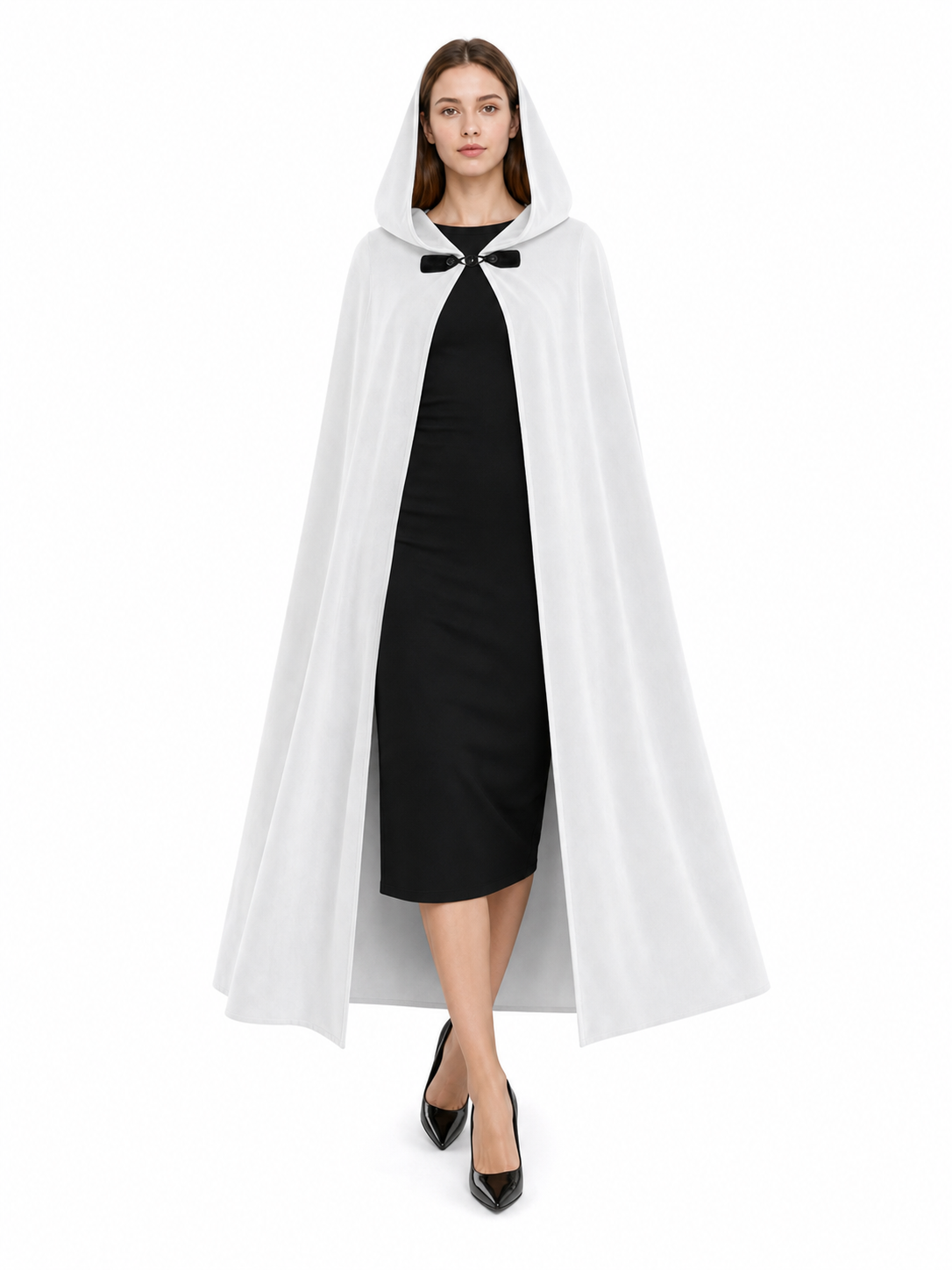 Medieval White Velvet Hooded Long Cloak Cape with Black Bow Tie Front Flared Hem main product view 5