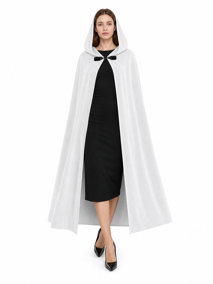 Medieval White Velvet Hooded Long Cloak Cape with Black Bow Tie Front Flared Hem main product view 5