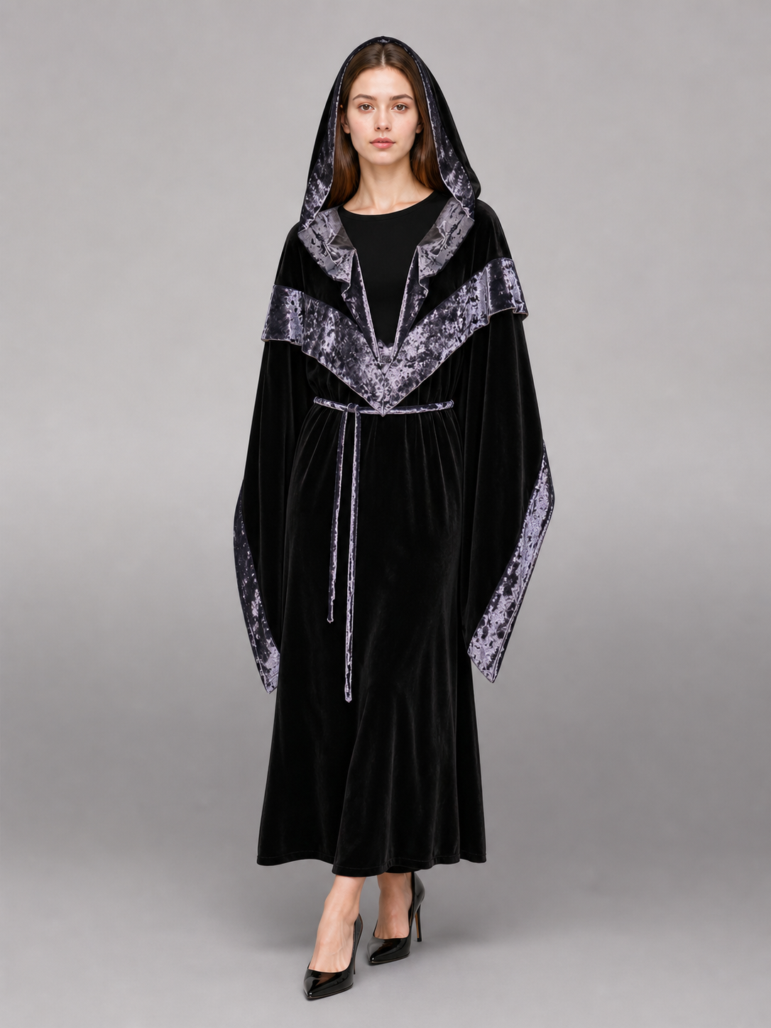 Black Carnival Cloak with Hood and Trim