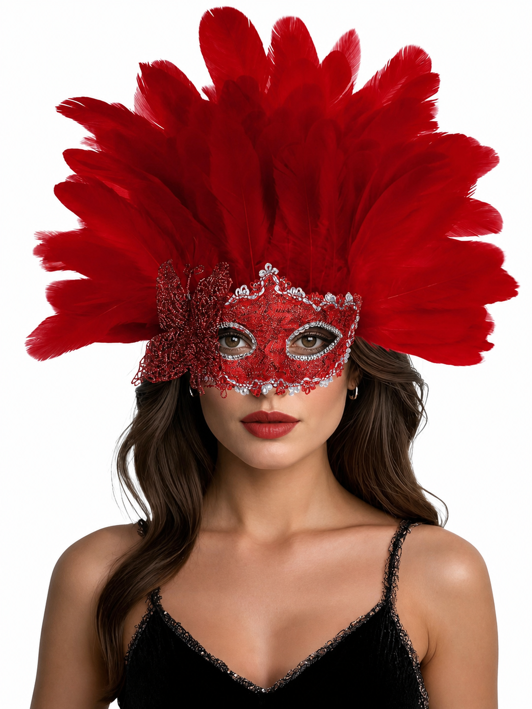 Red feather mask worn by a woman in a black top, with a wide plume, glittered eye covering, silver trim, and side bow
