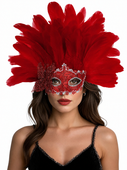 Red feather mask worn by a woman in a black top, with a wide plume, glittered eye covering, silver trim, and side bow