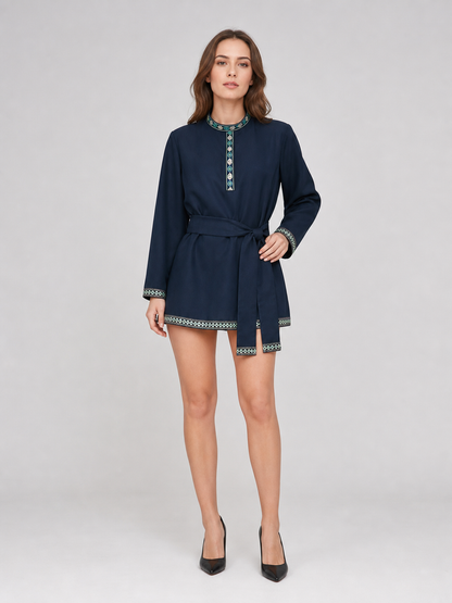 Tunic with a stand-up collar and belt, dark navy