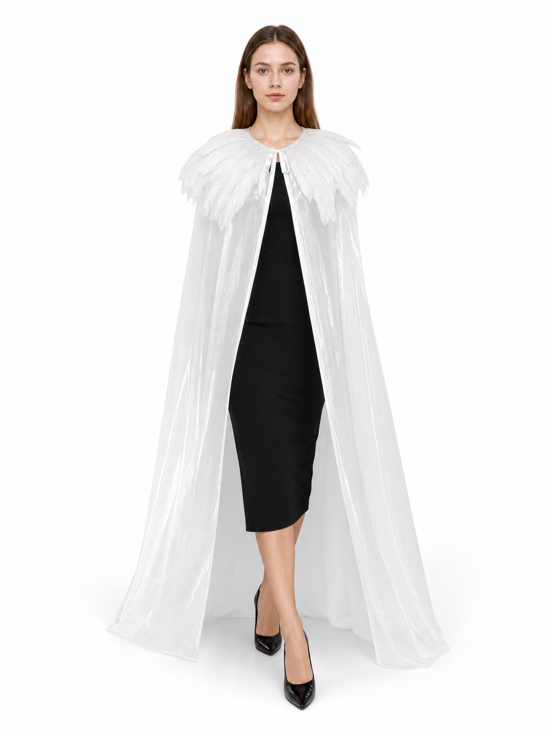 White Velvet Cape with Feather Trim, Maxi