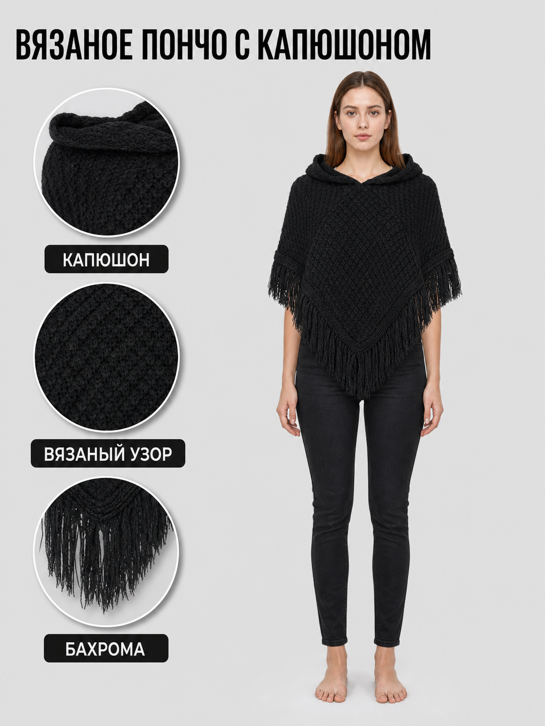 Information card showing the black knit poncho with close-ups of its hood, textured knit pattern and fringe
