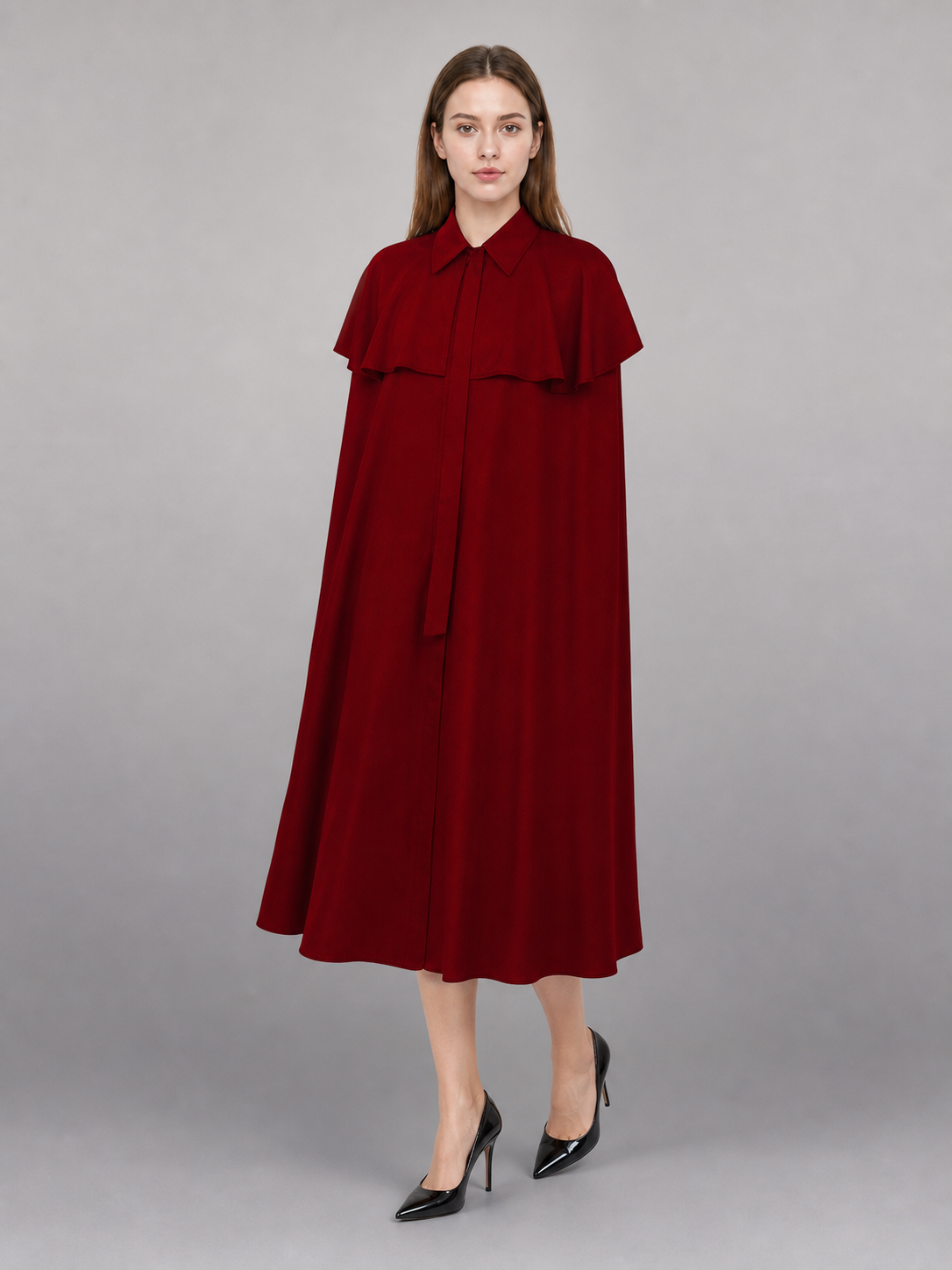 Burgundy Dress with Collar and Flared Hem