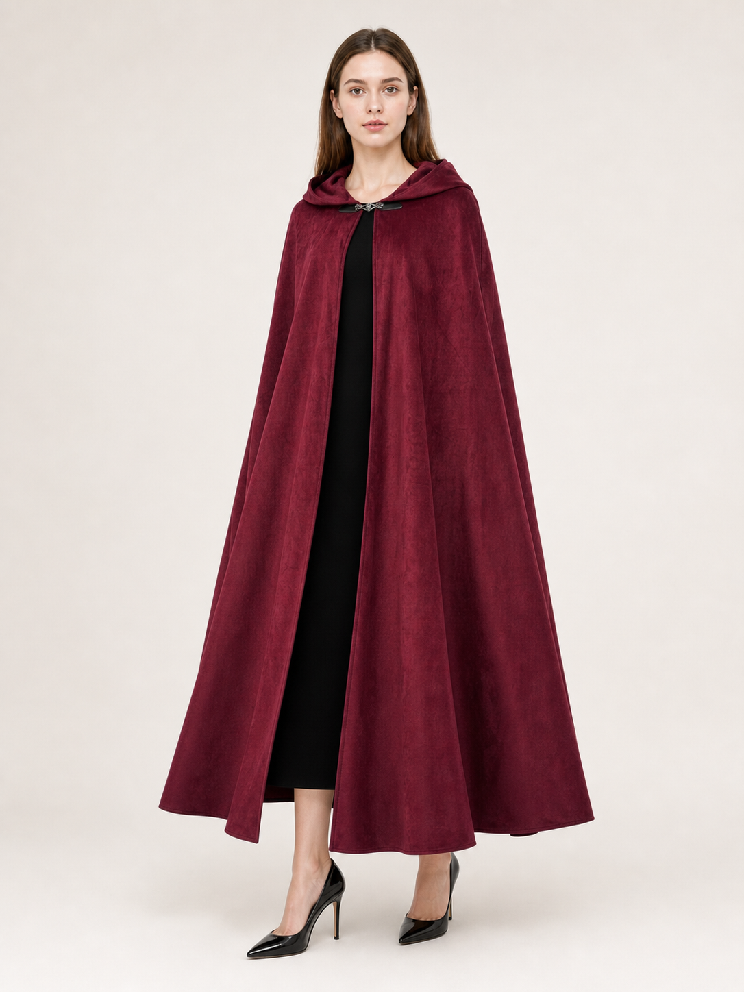 Long burgundy carnival cloak with hood