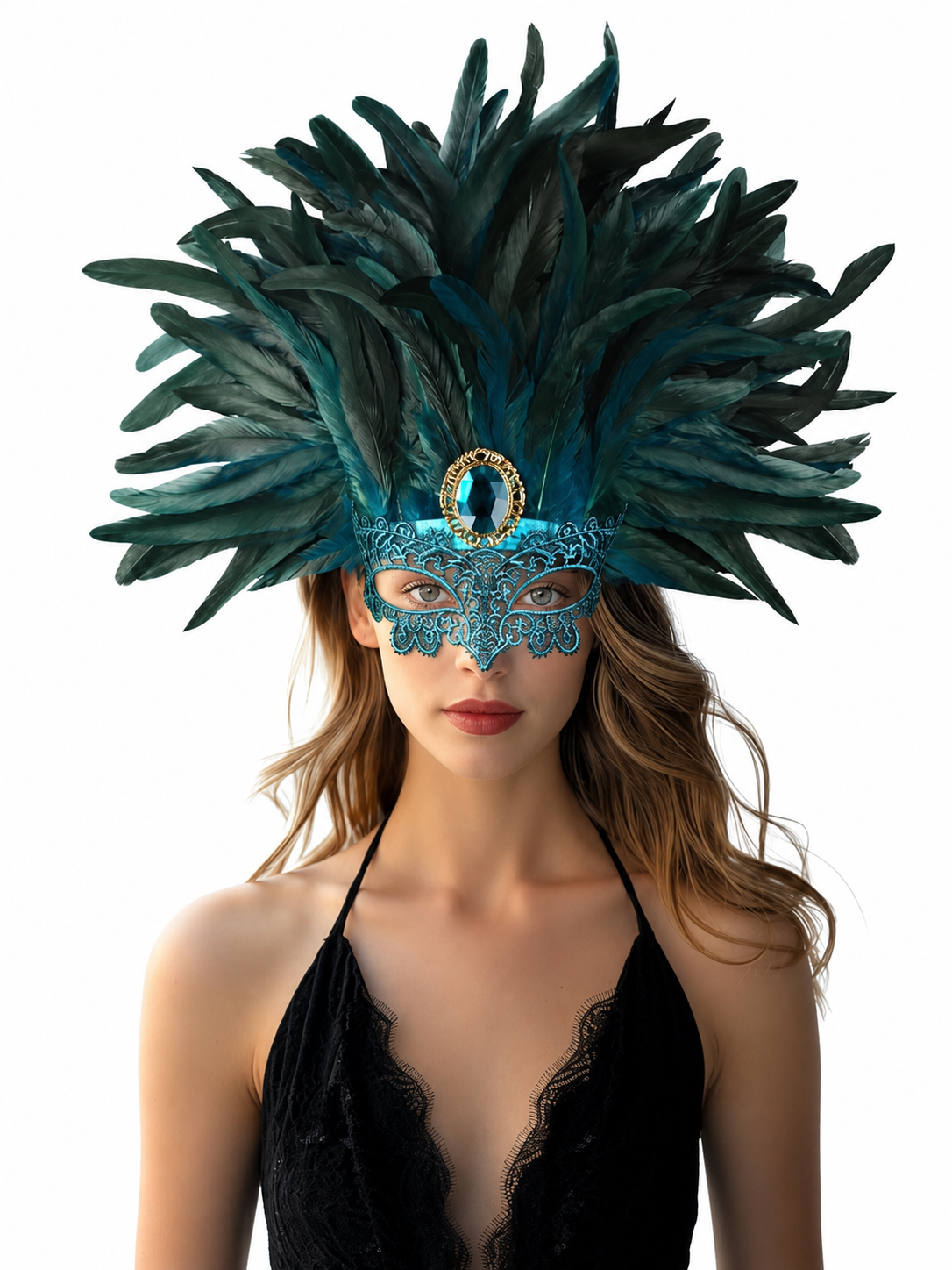 Carnival headpiece with feathers and a mask