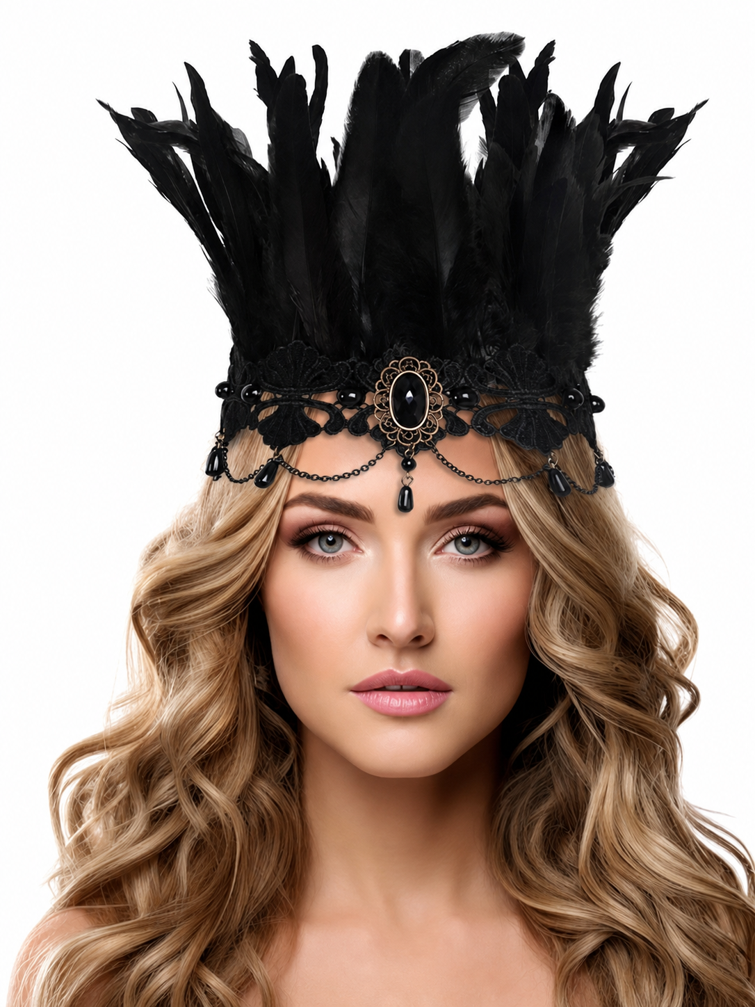 Carnival Feather and Lace Headpiece