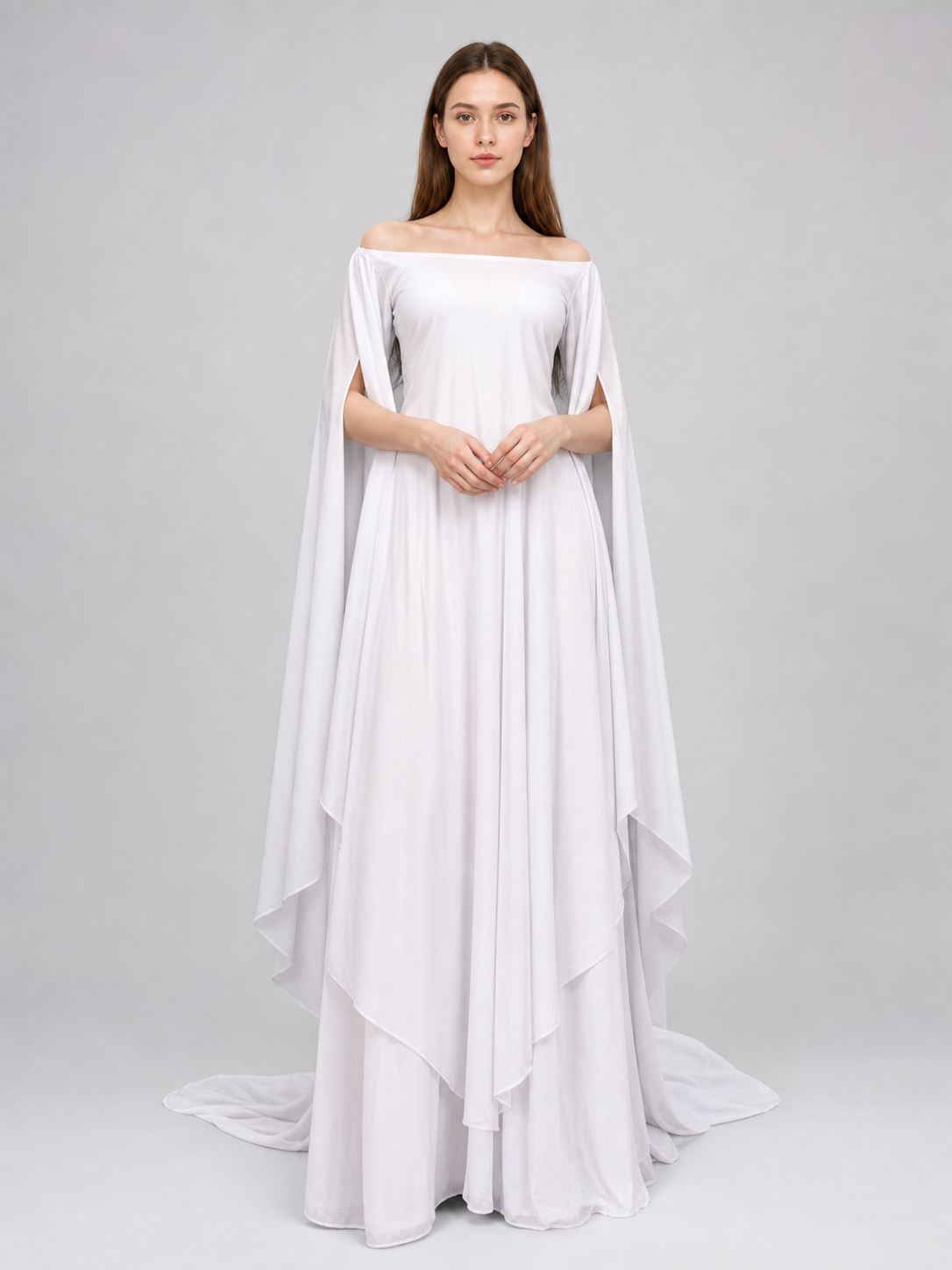 White Dress with a Square Neckline and Wide Sleeves