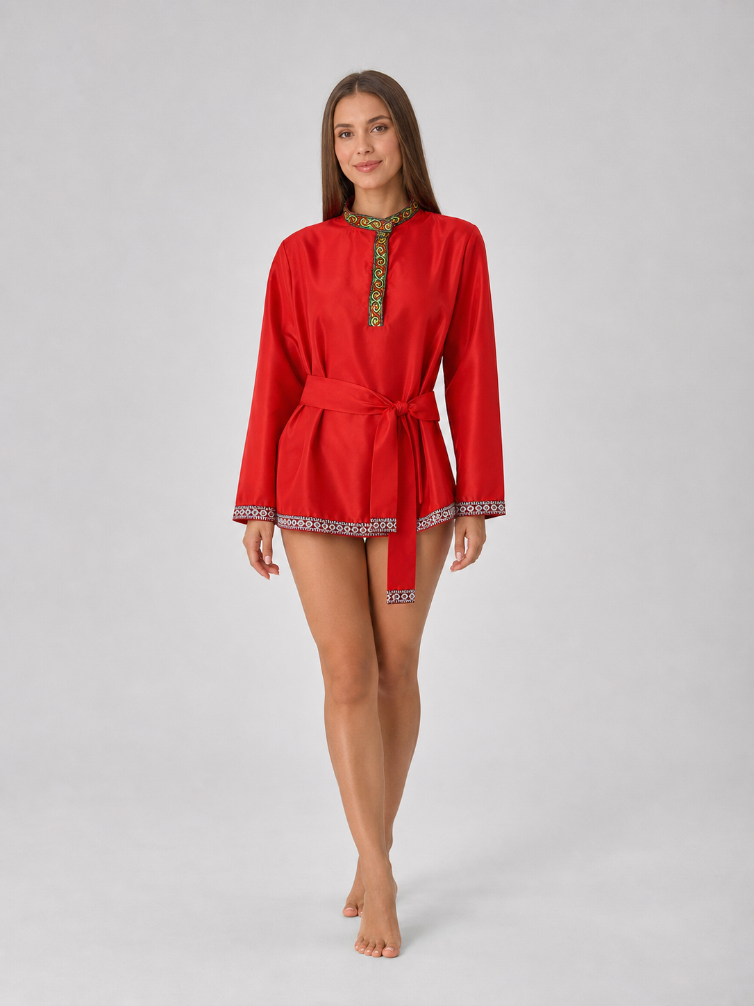Red Tunic with Ornament, Stand-Up Collar, and Belt