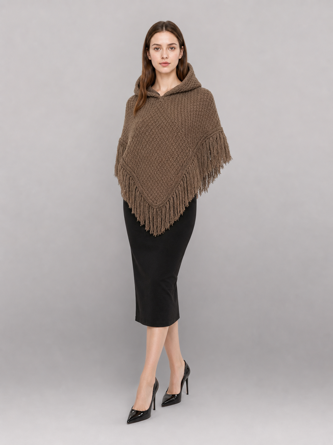 Triangle Hooded Cape with Fringe, Brown