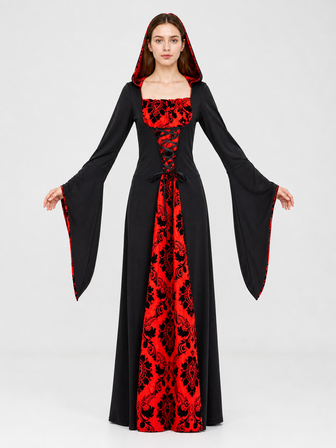 Gothic Hooded Dress with Red Pattern