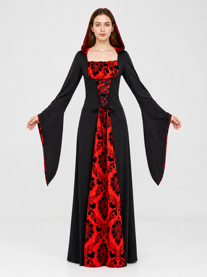 Gothic Hooded Dress with Red Pattern