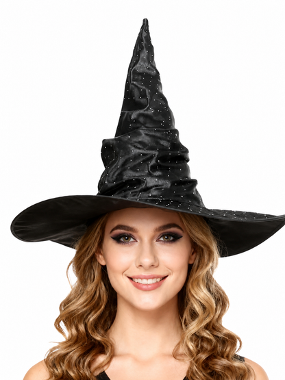 Black Halloween Witch Hat Pointed Wide Brim Ruched Crown With Silver-White Dot Embellishments Costume Accessory