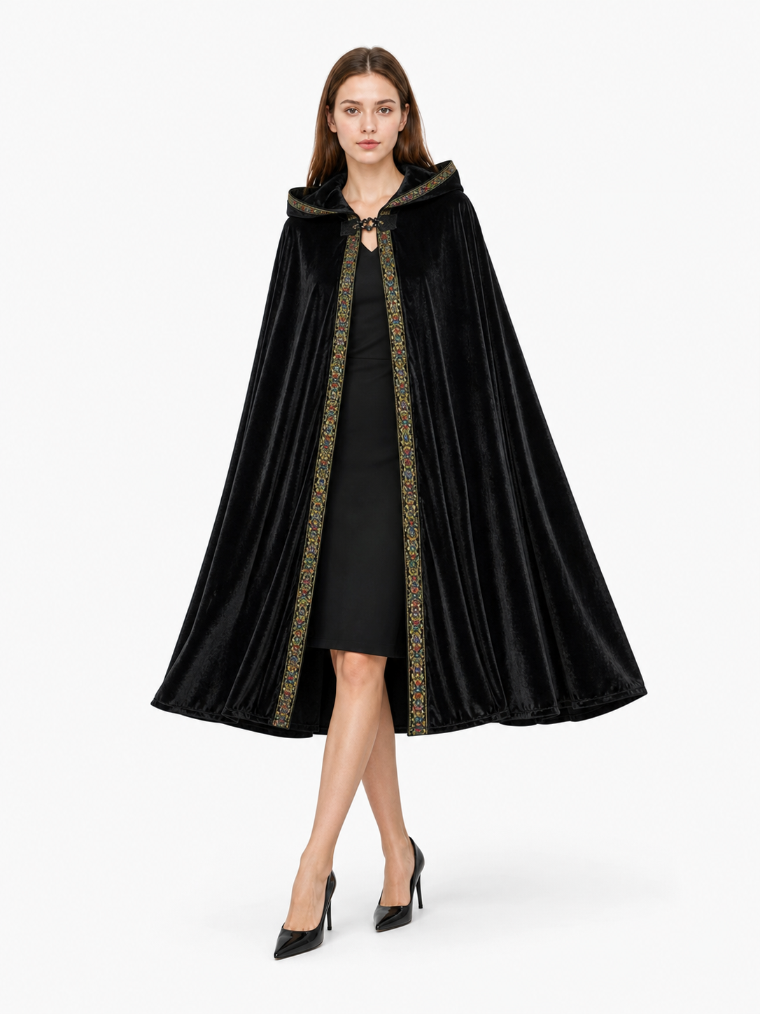 Black Costume Cloak with Hood and Trim
