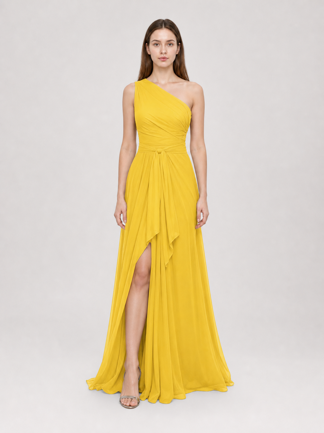 Yellow Chiffon One-Shoulder Evening Dress