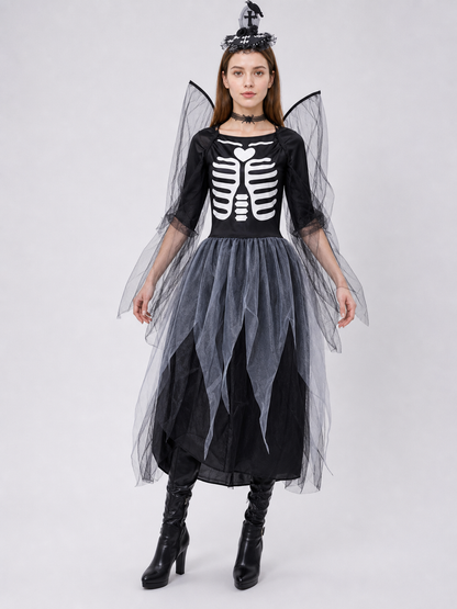 Skeleton costume dress with wings and headpiece