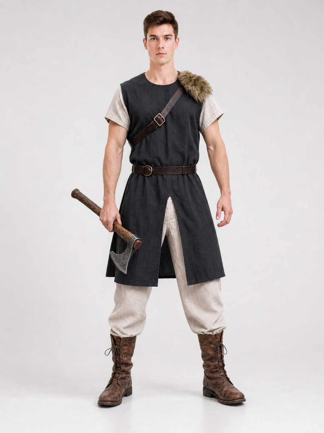 Black Sleeveless Tunic with Fur Trim and Belt