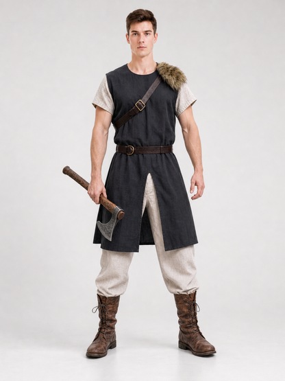 Black Sleeveless Tunic with Fur Trim and Belt