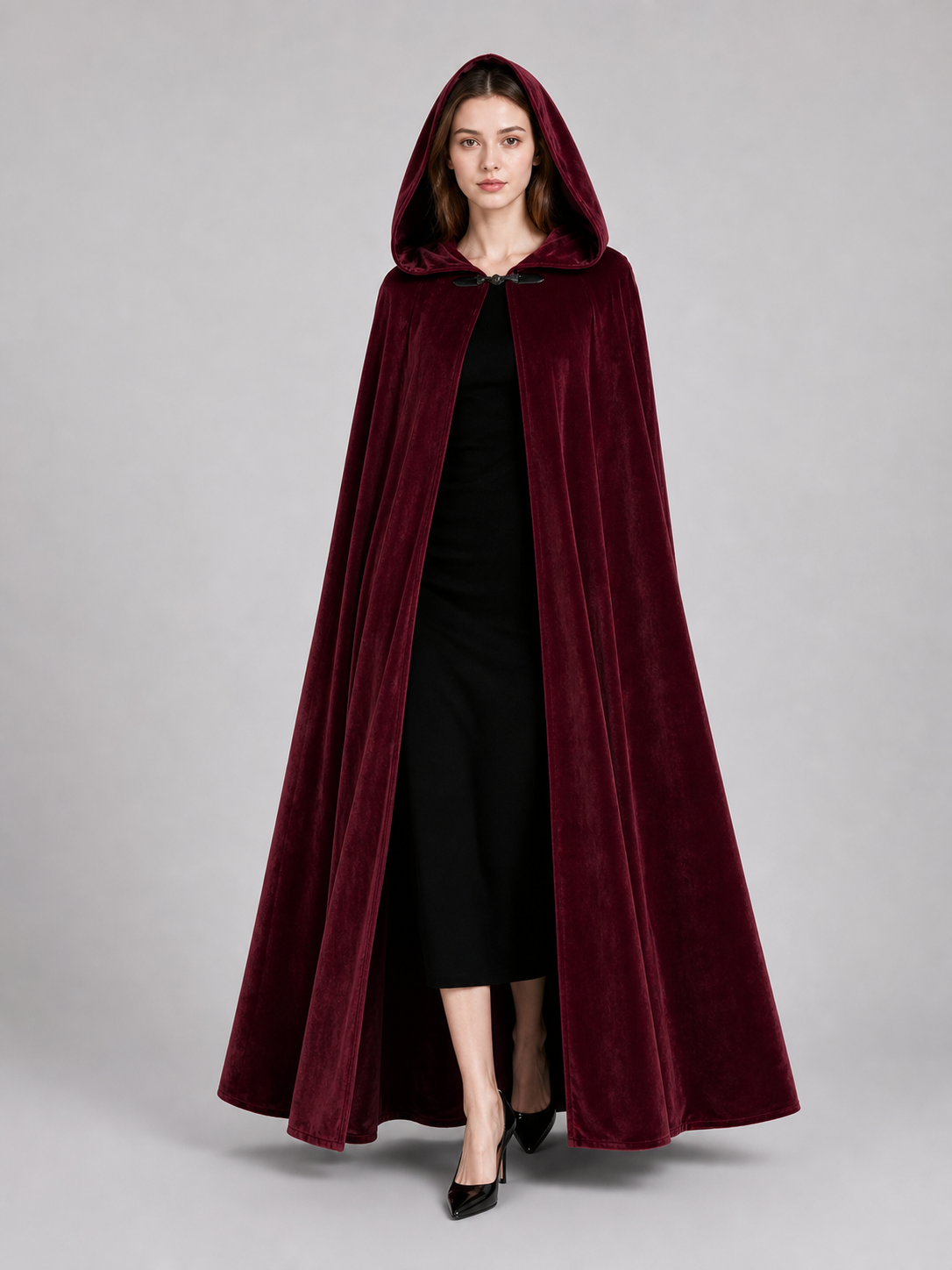 Burgundy Long Carnival Cloak with Hood
