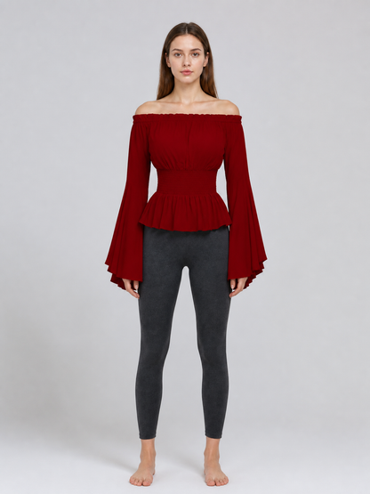 Long-Sleeve Peplum Blouse, Deep Red