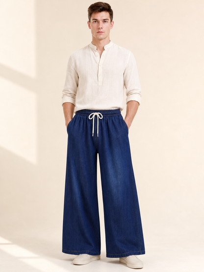 Wide-leg dark navy pants with drawstring main product view